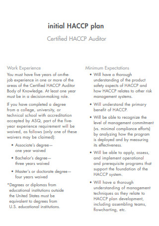 Initial HACCP Audit Plan