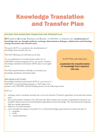 Knowledge Translation and Transfer Plan