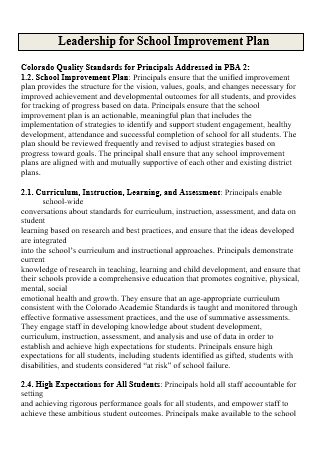 Leadership For School Improvement Plan