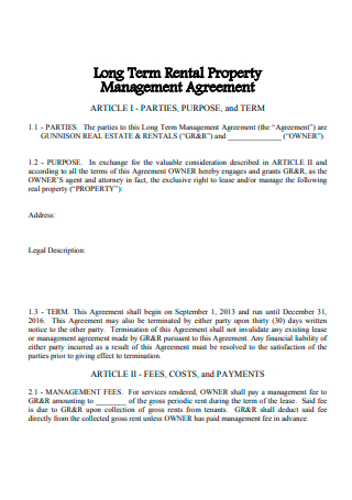 Long Term Rental Property Management Agreement
