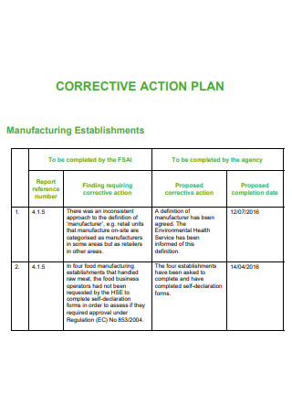 Manufacturing Health Corrective Action Plan