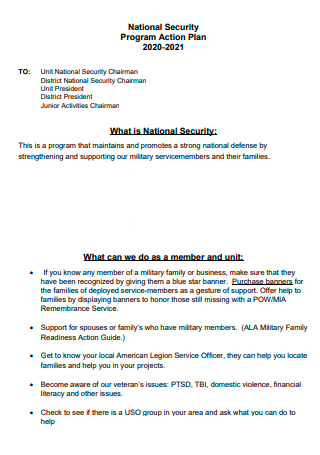 National Security Program Action Plan