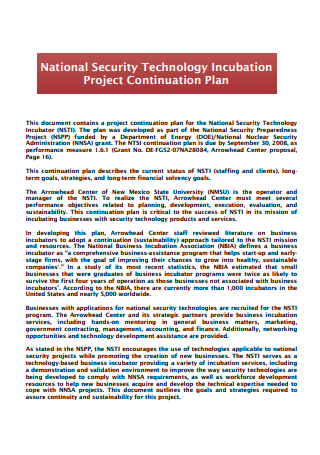National Security Technology Incubation Project Continuation Plan