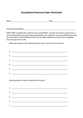 Occupational Research Paper Worksheet
