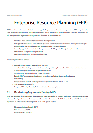 Operations Strategy Enterprise Resource Planning