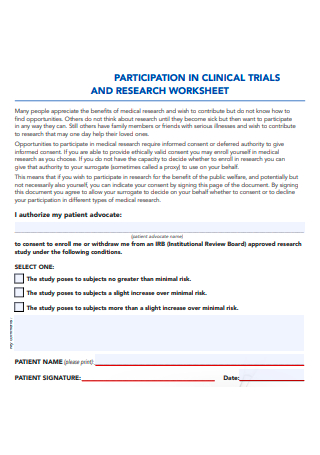 Participation in Clinical Trails and Research Worksheet