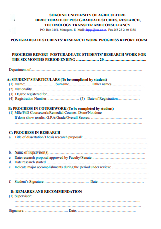 Post Graduate Student Research Work Progress Report Form