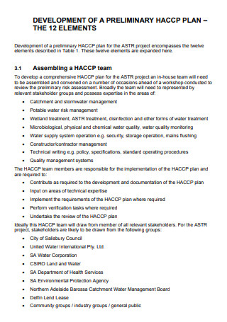 Preliminary HACCP Management Plan