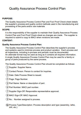 Quality Assurance Process Control Plan