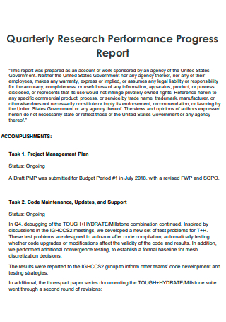 Quarterly Research Performance Progress Report