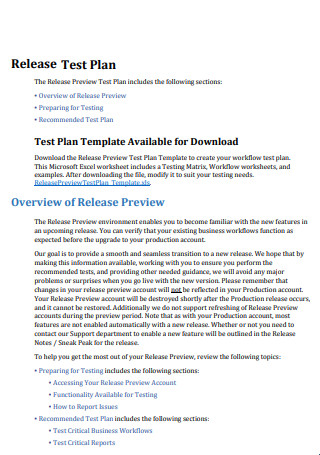 Release Test Plan Overview