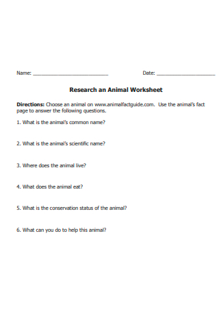 Research Animal Worksheet