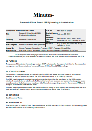 Research Ethics Board Meeting Administration Minutes
