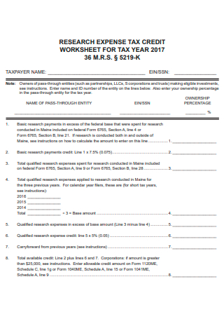 Research Expense Tax Credit Worksheet