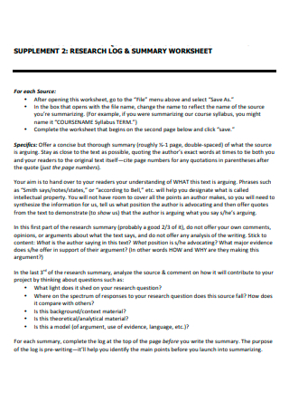 Research Log and Summary Worksheet