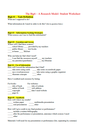 Research Model Student Worksheet