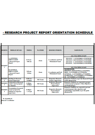 Research Project Report Orientation Schedule