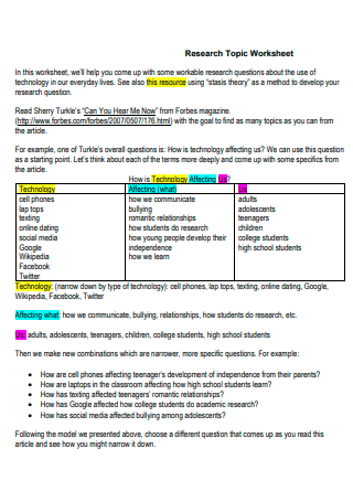 Research Topic Worksheet