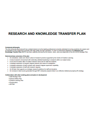 Research and Knowledge Transfer Plan