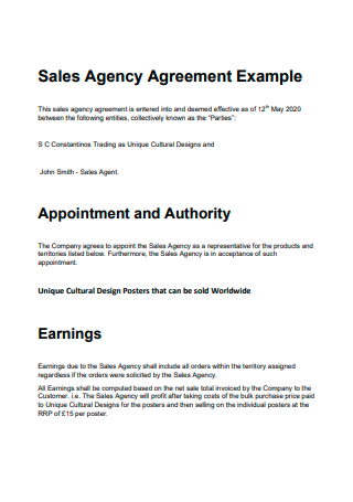 Sales Agency Agreement Example