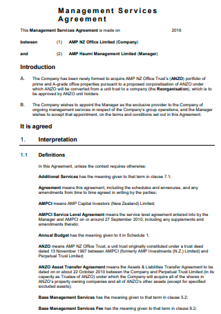 Sample Management Services Agreement