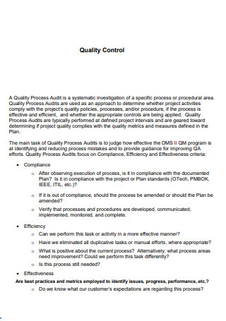 Sample Project Quality Control Plan