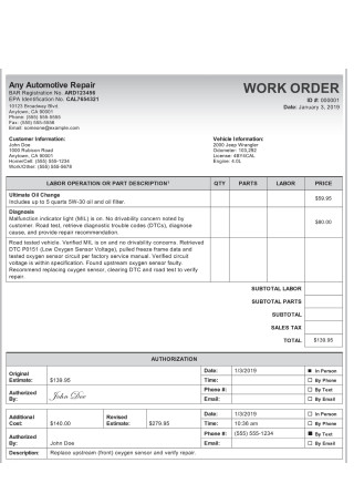 Sample Work Order Invoice