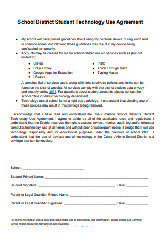 School District Student Technology Use Agreement