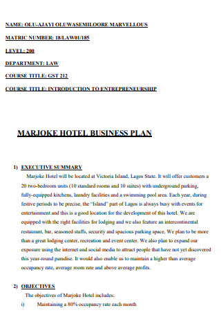 Small Hotel and Hospitality Business Plan