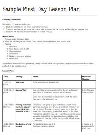 Student First Day Lesson Plan