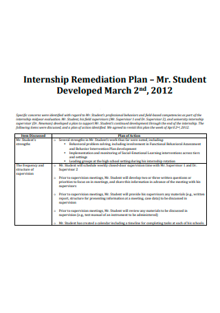 Student Internship Remediation Plan