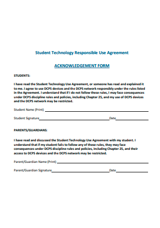 Student Technology Responsible Use Agreement Acknowledgement Form
