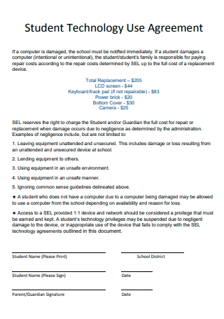 Student Technology Use Agreement Example