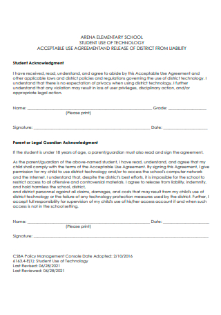 Student Technology Use Agreement and Release of District From Liability