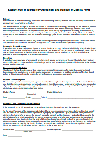Student Technology Use Agreement and Release of Liability Form