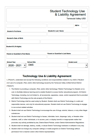 Student Technology Use and Liability Agreement