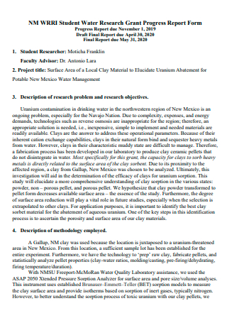 Student Water Research Grant Progress Report Form