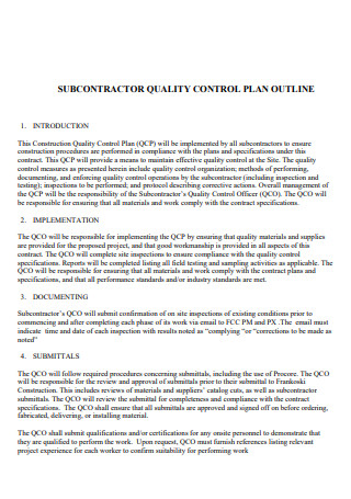 Subcontractor Quality Control Plan Outline