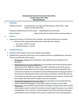 Undergraduate Research Curriculum Committee Meeting Minutes