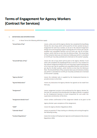 Agency Worker Contract For Services of Engagement