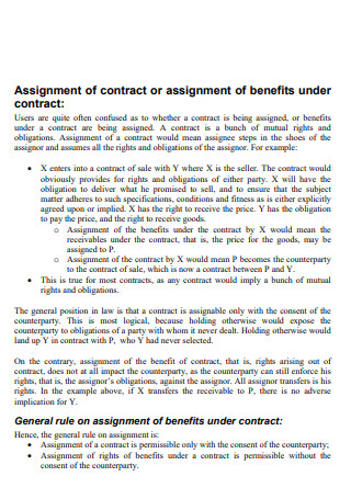 Assignment of Benefit Under Contract