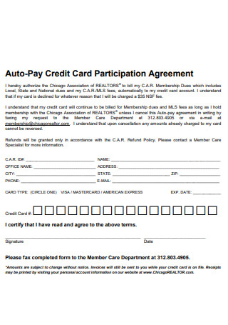 Auto Pay Credit Card Participation Agreement
