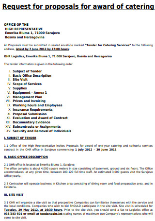 Award of Catering Request for Proposal