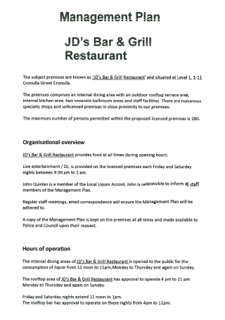 Bar and Grill Restaurant Management Plan