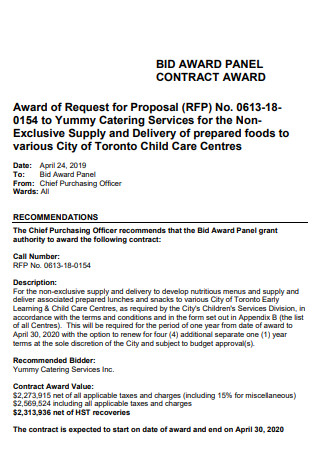 Catering Award of Request for Proposal