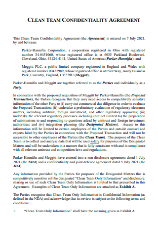 Clean Team Confidentiality Agreement