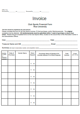 Club Sports Financial Form Invoice