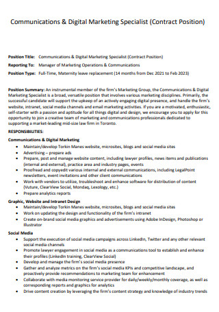 Communications Digital Marketing Specialist Contract