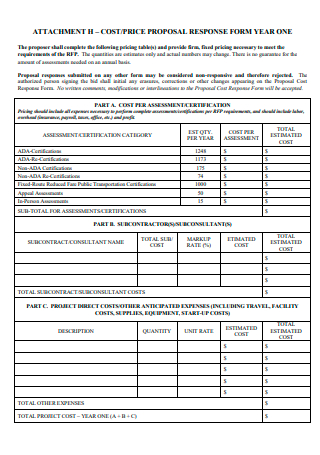 Cost Proposal Response Form