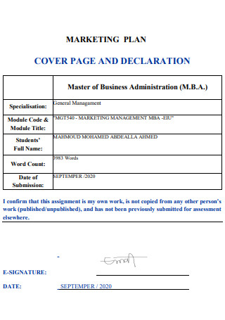 Cover Page Company Marketing Plan